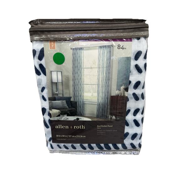Allen + Roth Willlow Navy Design Rod Pocket Single Curtain Panel 50” X 84” {36}. - Picture 1 of 11